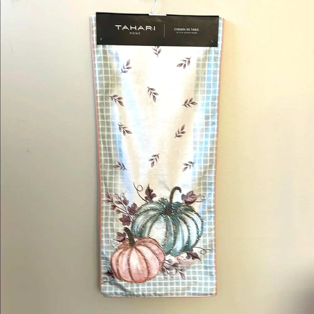 Tahari, Fall Pumpkin with Autumn Leaf Theme Beaded Table Runner 16” x 72”